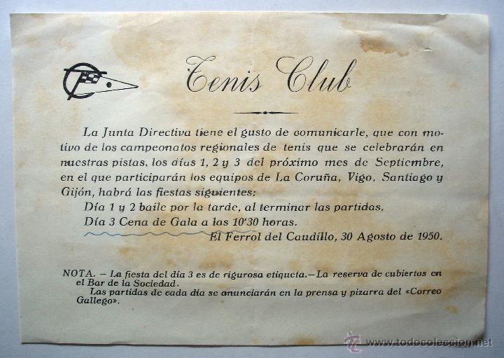 Sammelleidenschaft Sport: Invitaci&oacute;n campeonatos regionales de tenis. El Ferrol del Caudillo. Galicia 1950.