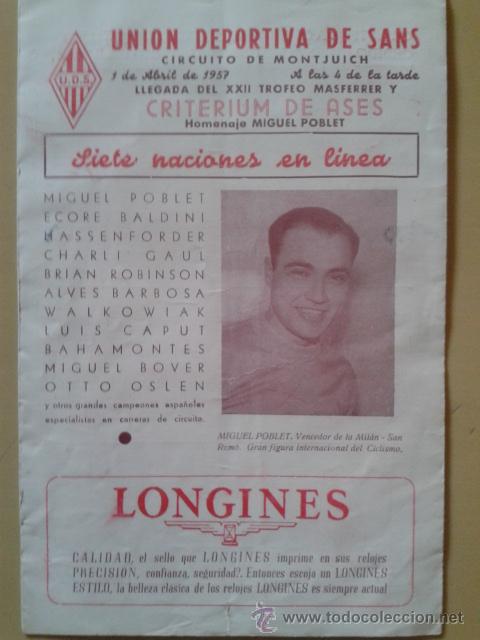 Coleccionismo deportivo: PROGRAMA DEL CRITERIUM DE ASES, HOMENAJE A MIGUEL POBLET - UNION DEPORTIVA DE SANS - Foto 1