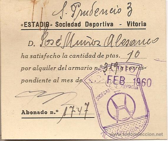 Coleccionismo deportivo: ABONO ALQUILER DE ARMARIO, ESTADIO-SOCIEDAD DEPORTIVA VITORIA, 1960