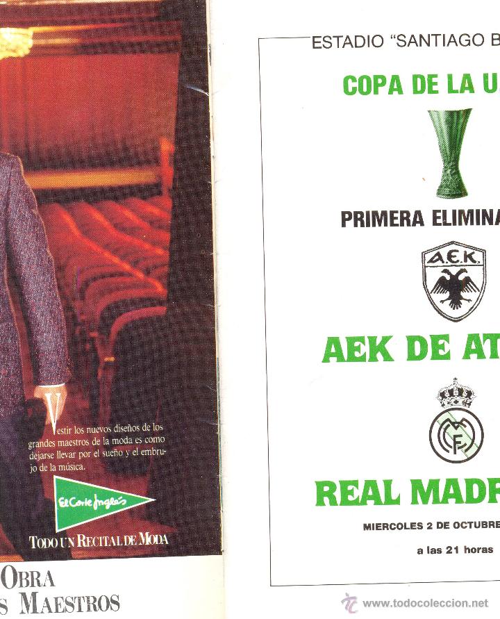 Coleccionismo deportivo: PROGRAMA DEL PARTIDO REAL MADRID - AEK ATENAS. COPA UEFA 1985. - Foto 2
