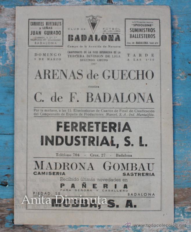 Coleccionismo deportivo: ANTIGUO PROGRAMA DIPTICO DE PARTIDO DE FUTBOL ENTRE EL CF DE F. BADALONA Y EL ARENAS DE GUECHO - A&Ntilde;O