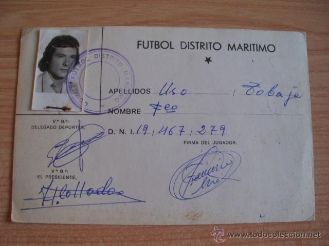 Sports collectibles: Ficha jugador del Comit&eacute; F&uacute;tbol Distrito Mar&iacute;timo. Creo a&ntilde;os 60