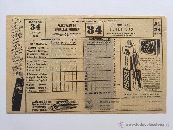 Coleccionismo deportivo: QUINIELA SIN SELLAR, JORNADA 34, MAYO 1964 - Foto 1