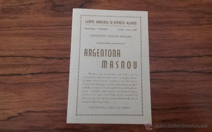 Coleccionismo deportivo: ANTIGUO PROGRAMA FUTBOL CAMPO MUNICIPAL DE DEPORTES MASNOU ARGENTONA. SASTRERIA FORTUNY