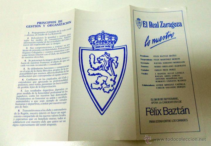 Coleccionismo deportivo: TRIPTICO PUBLICIDAD FUTBOL.ELECCIONES PRESIDENTE REAL ZARAGOZA.FELIX BAZTAN. A&ntilde;o 1986.FUTBOL VINTAGE