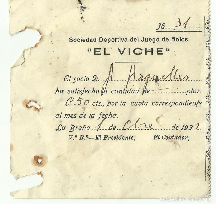 Coleccionismo deportivo: SOCIEDAD DEPORTIVA DE JUEGO DE BOLOS EL VICHE. RECIBO. LA BRA&Ntilde;A. GIJ&Oacute;N. 1932. ASTURIAS. ETNOGRAFIA