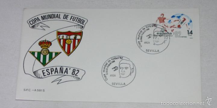 Sammelleidenschaft Sport: SOBRE Y SELLO SIN USAR DE LA COPA MUNDIAL DE FUTBOL ESPA&Ntilde;A 82, SEVILLA, MATASELLOS DE ARZA