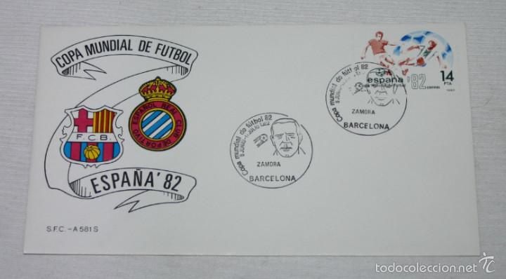 Sammelleidenschaft Sport: SOBRE Y SELLO SIN USAR DE LA COPA MUNDIAL DE FUTBOL ESPA&Ntilde;A 82, BARCELONA, MATASELLOS DE ZAMORA