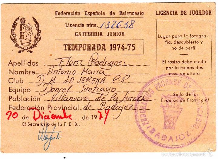Collectionnisme sportif: LICENCIA JUGADOR DE BALONCESTO ANTONIO MAR&Iacute;A FLOREZ RODRIGUEZ DE VILLANUEVA DE LA SERENA