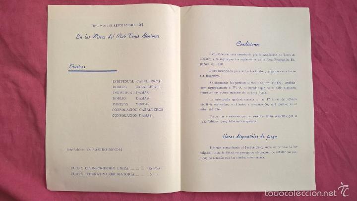 Coleccionismo deportivo: Valencia. Programa de trofeo de tenis de 1962. Benimar - Foto 2