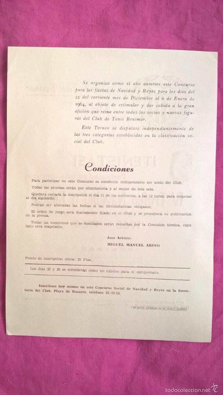 Coleccionismo deportivo: Club de tenis Benimar (Valencia). Programa de trofeo. 1963-64 - Foto 2