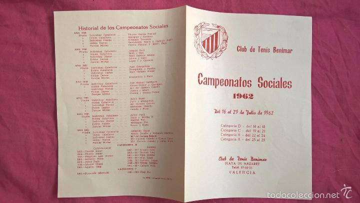 Sammelleidenschaft Sport: Valencia. Club de tenis Benimar. Calendario de campeonato. 1962