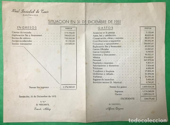 Collectionnisme sportif: Real Sociedad de Tenis de Santander - Situaci&oacute;n econ&oacute;mica en 31 de Diciembre de 1951