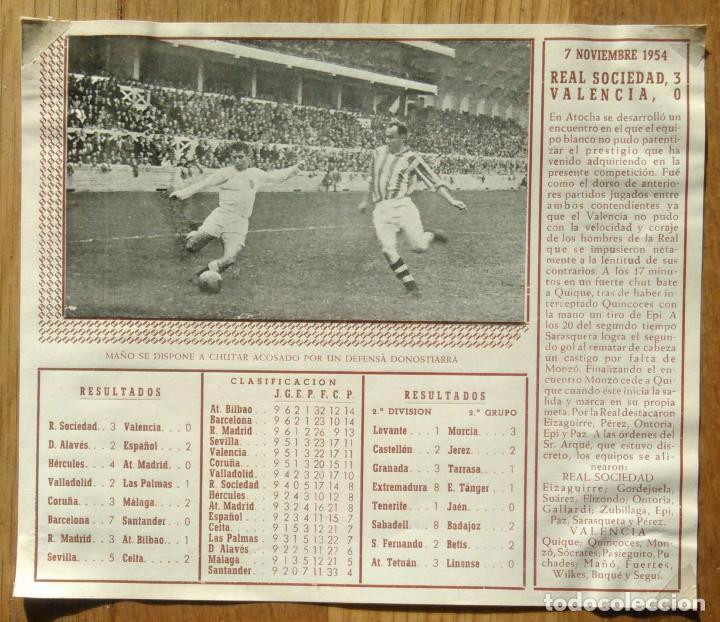Collectionnisme sportif: FICHA PARTIDO - REAL SOCIEDAD - VALENCIA C.F. - 1954