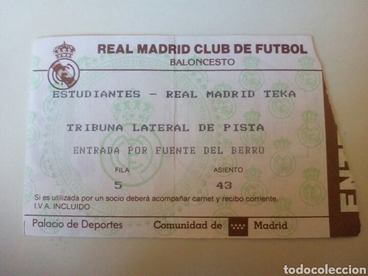 Coleccionismo deportivo: ANTIGUA ENTRADA BALONCESTO REAL MADRID - Foto 1