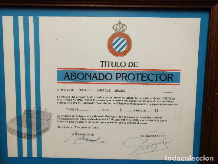 Coleccionismo deportivo: R.C.D. ESPA&Ntilde;OL - TITULO DE ABONADO PROTECTOR ENMARCADO - 1.982 - Foto 1