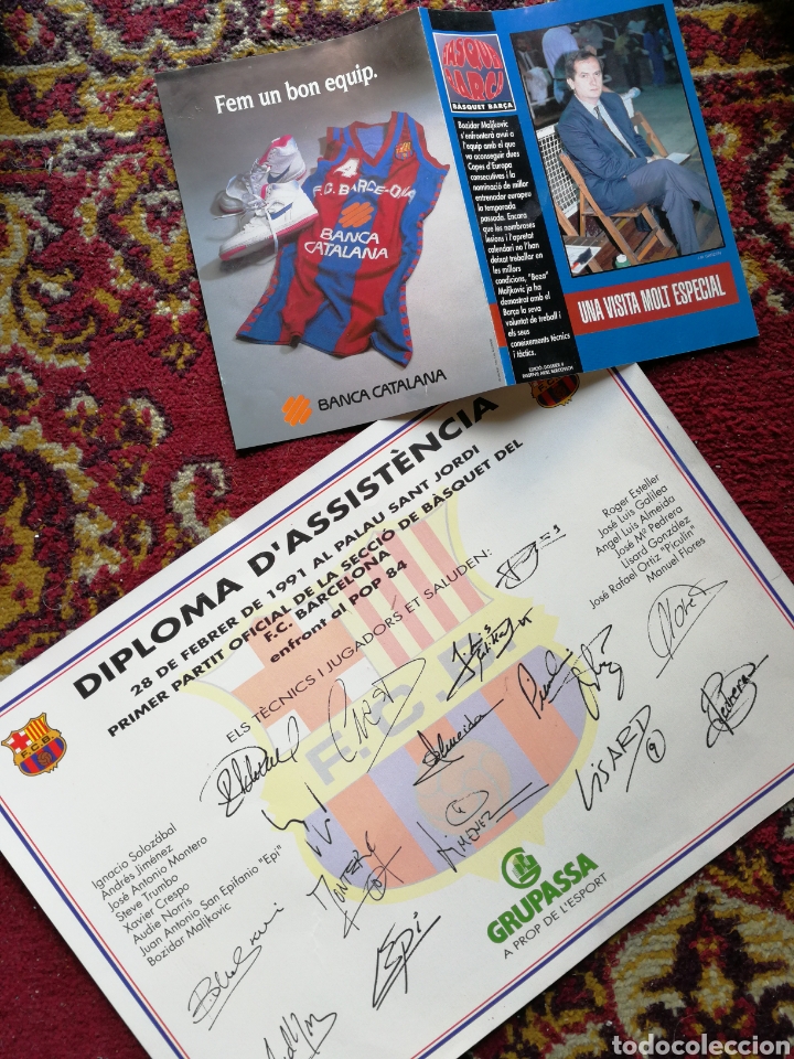 Sports collectibles: DIPLOMA ASSIST&Egrave;NCIA 1&deg;PARTIT SECCI&Oacute; B&Agrave;SQUET BAR&Ccedil;A- POP 84 SPLIT, PALAU SANT JORDI, 1991.