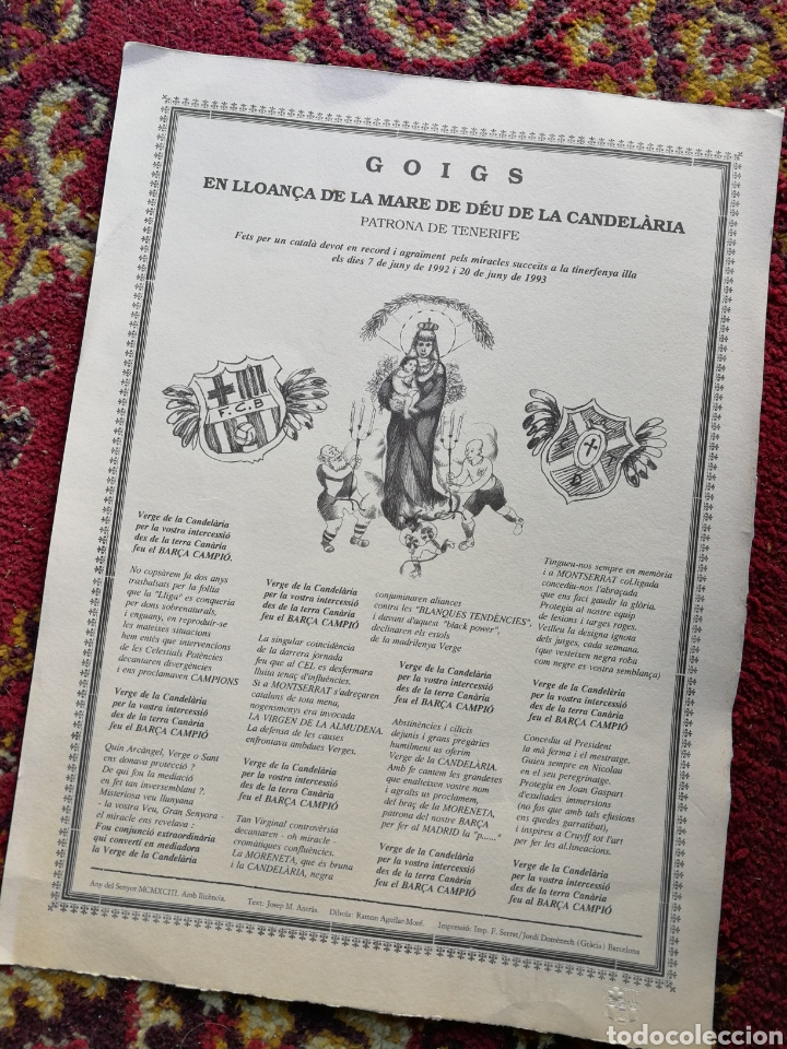 Collectionnisme sportif: GOIG GOZO A MARE DE D&Eacute;U CANDEL&Agrave;RIA (PATRONA TENERIFE) CONMEMORATIU TEMPORADA 1992-93.