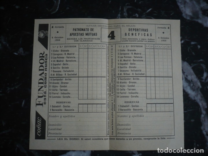 Sports collectibles: BOLETO PATRONATO APUESTAS MUTUAS DEPORTIVAS BENEFICAS JORNADA 4 -4 0CTUBRE 1959