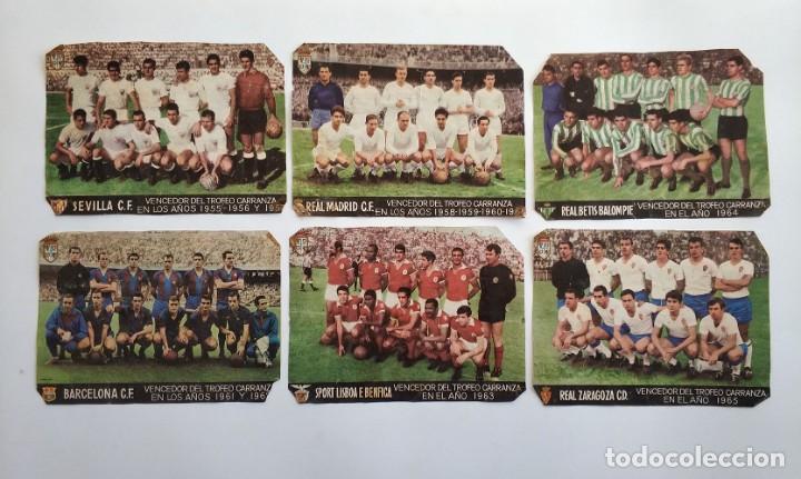 Sports collectibles: lote de 6 laminas con alineaciones vencedor trofeo carranza barcelona, madrid, sevilla, betis ...