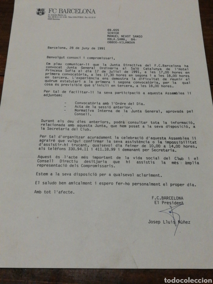 Sports collectibles: CARTA F.C.BARCELONA A CONSOCI I COMPROMISARI- CONVOCAT&Ograve;RIA JUNTA GENERAL, FIRMA PRESIDENT N&Uacute;&Ntilde;EZ,1991