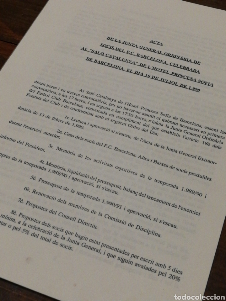 Sports collectibles: ACTA JUNTA GENERAL ORDIN&Aacute;RIA SOCIS F.C.BARCELONA (HOTEL PRINCESA SOFIA),1990.(13 pag).
