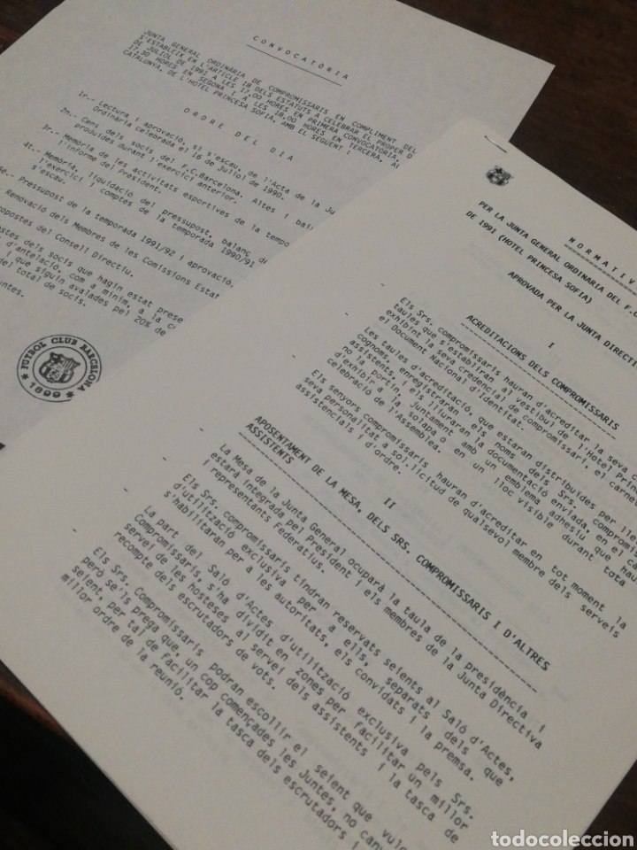 Sports collectibles: CONVOCAT&Ograve;RIA AMB L'ORDRE DEL DIA I NORMATIVA INTERNA JUNTA GENERAL F.C.BARCELONA, 1991.