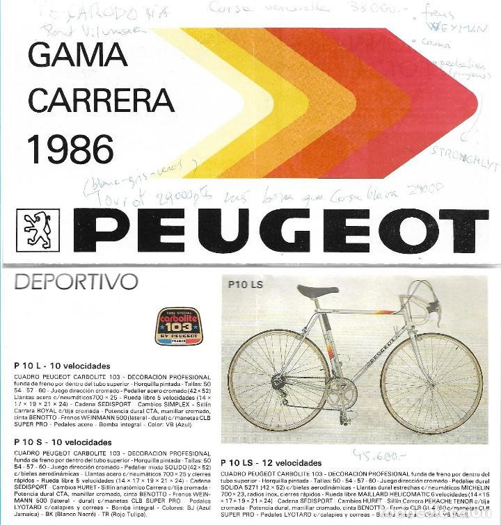 Coleccionismo deportivo: CATALOGO DE BICICLETAS PEUGEOT GAMA CARRERA DEL A&Ntilde;O 1986. 8 MODELOS DE CYCLES CON DETALLES TECNICOS.