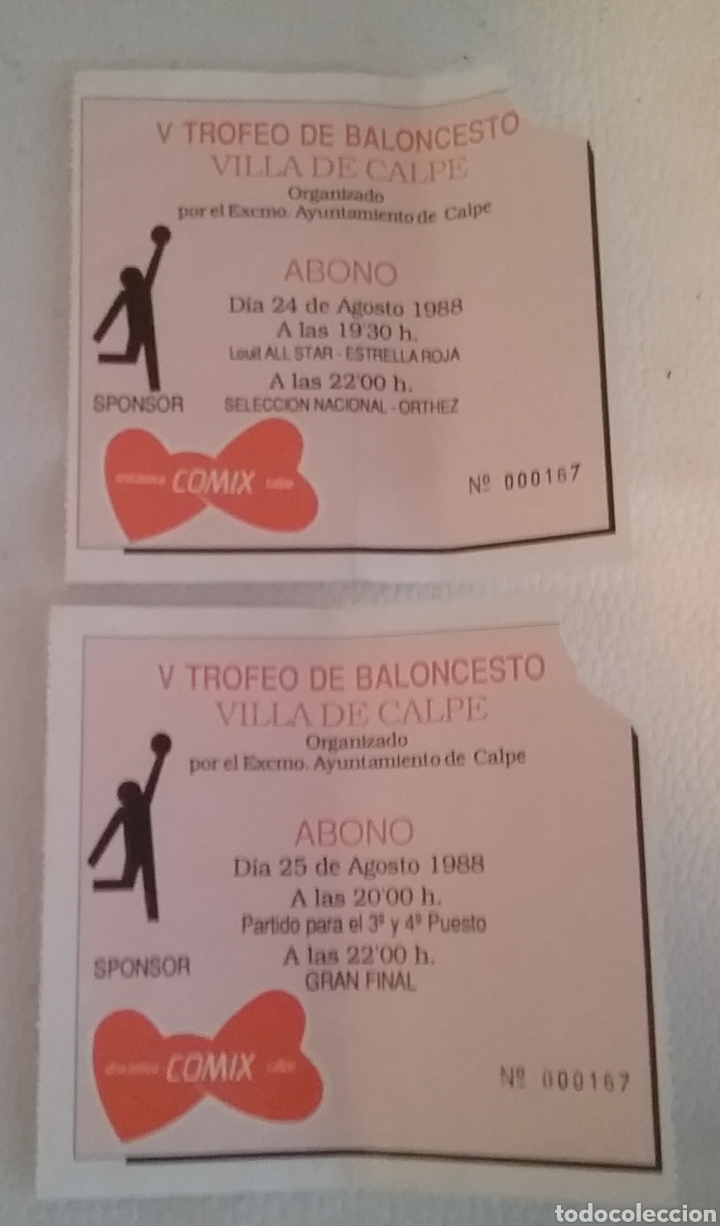 Sammelleidenschaft Sport: DOS ENTRADAS DE BALONCESTO V Trofeo Villa de CALPE, 24 y 25 de Agosto de 1988.