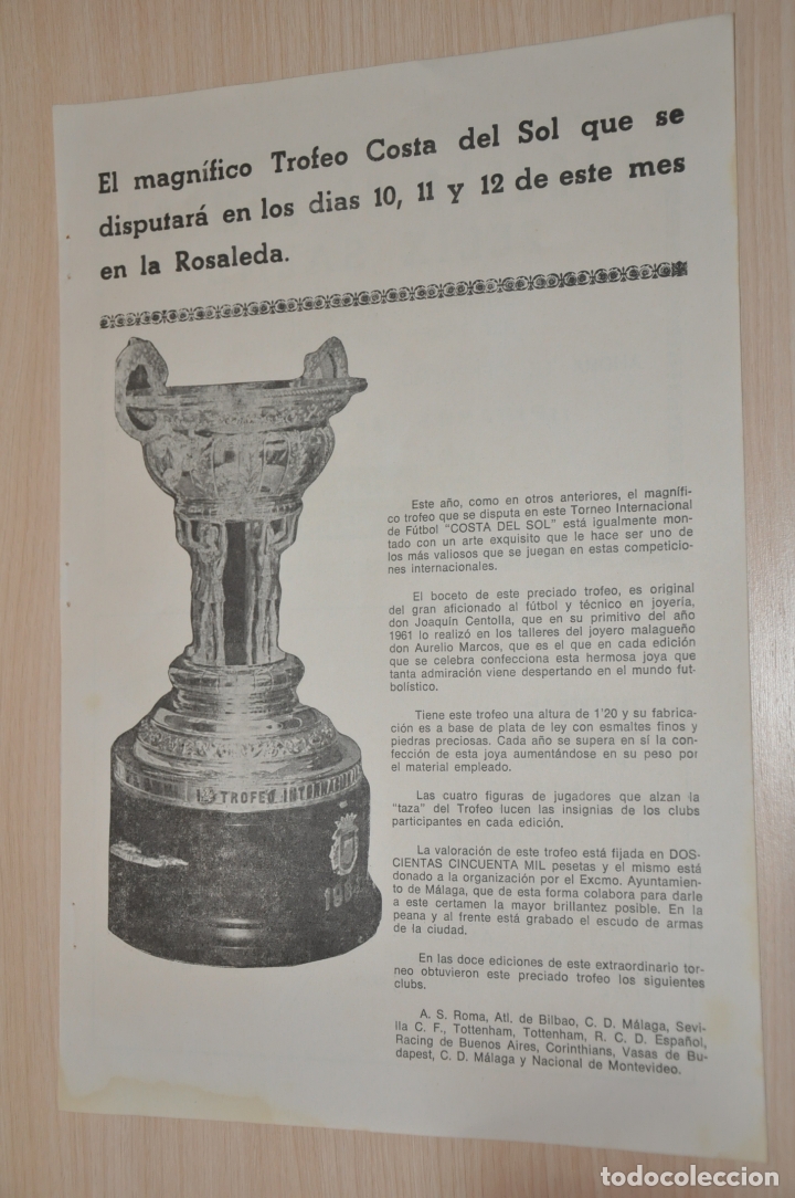 Coleccionismo deportivo: hoja revista trofeo costa del sol, malaga - Foto 1