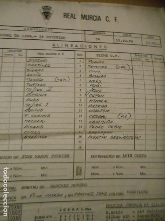 Coleccionismo deportivo: DOCUMENTO PARTIDO FUTBOL REAL MURCIA - ELCHE - Foto 1