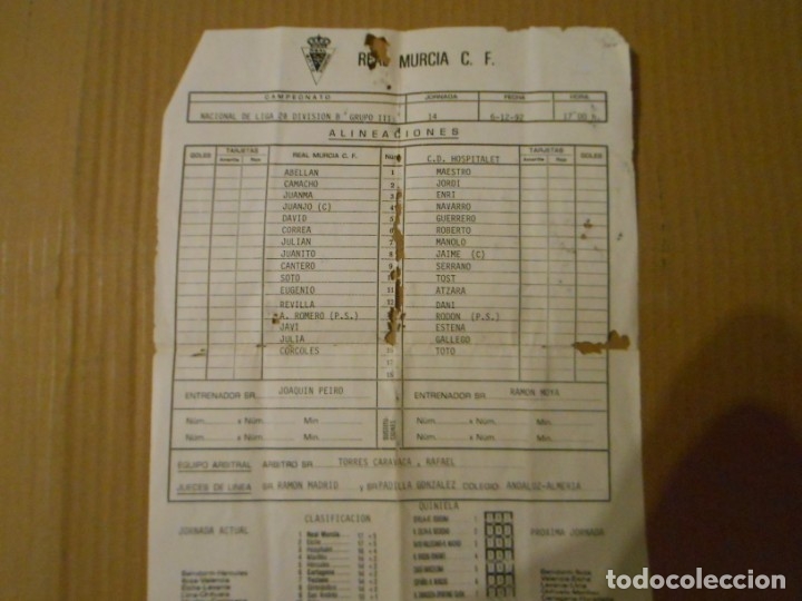 Coleccionismo deportivo: DOCUMENTO PARTIDO REAL MURCIA - C.D. HOSPITALET - Foto 1