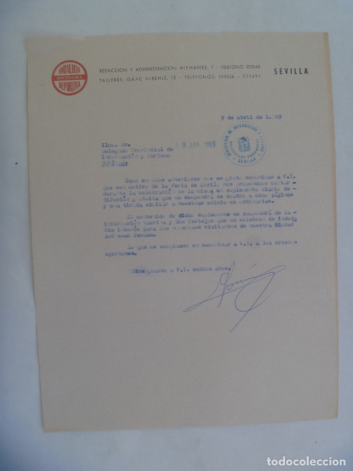 Collectionnisme sportif: CARTA REVISTA NOVEDADES, ANDALUCIA DEPORTIVA A INFORMACION Y TURISMO SOBRE EXTRA FERIA. SEVILLA 1969