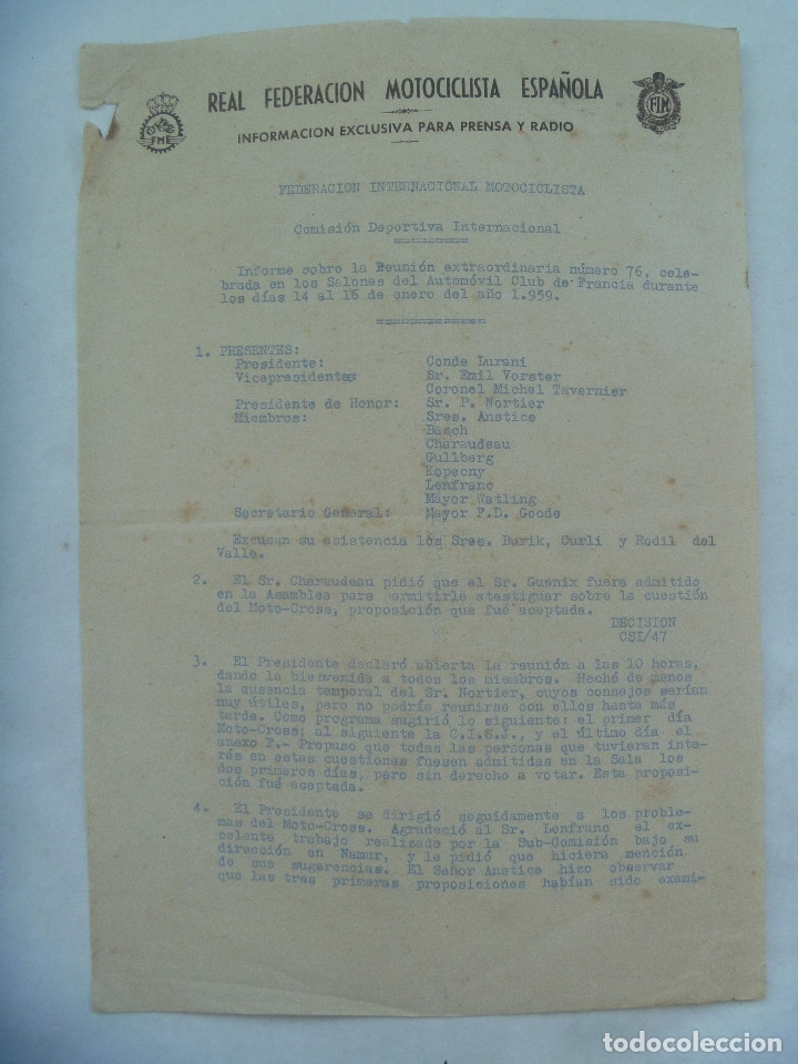 Collectionnisme sportif: REAL FEDERACION MOTOCICLISTA ESPA&Ntilde;OLA : INFORME REUNION EXTRAORDINARIA . FRANCIA, 1959