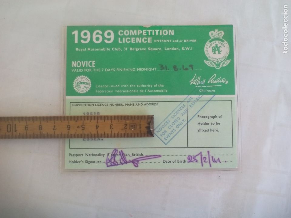 Collectionnisme sportif: ANTIGUA LICENCIA DE COMPETICI&Oacute;N DE AUTOMOVILISMO. 1969. F.I.A. RAC MOTOR SPORT COMPETITION LICENCE