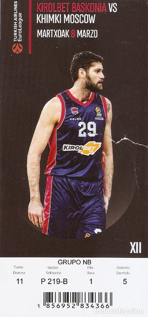 Collectionnisme sportif: ENTRADA BALONCESTO BASKONIA KHIMKI MOSKOW 8 MARZO 2019. EUROLEAGUE. ALAVA