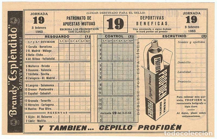Coleccionismo deportivo: Quiniela 8-2-1963. Jornada 19. Plancha - Foto 1