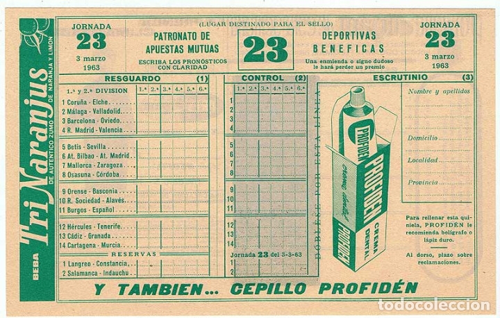 Coleccionismo deportivo: Quiniela 3-3-1963. Jornada 23. Plancha - Foto 1
