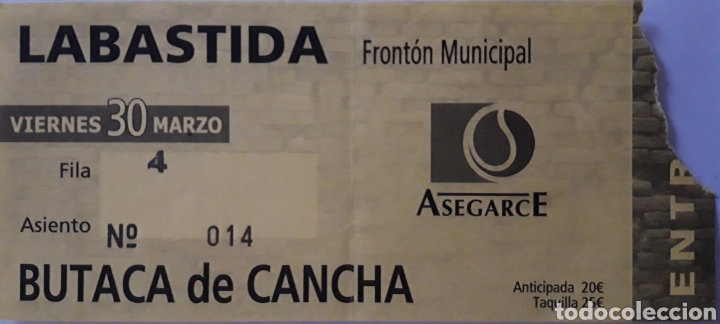 Coleccionismo deportivo: ENTRADA PARTIDO DE PELOTA EN LABASTIDA