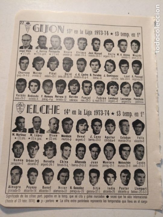 Collectionnisme sportif: antigua peque&ntilde;a hoja deportiva - futbol - jugadores club equipo  Gij&oacute;n Elche