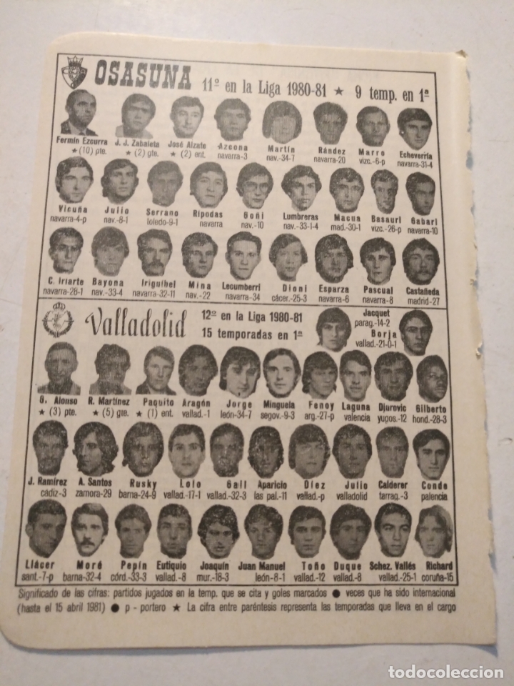 Collectionnisme sportif: antigua peque&ntilde;a hoja deportiva - futbol - jugadores club equipo  Osasuna Valladolid