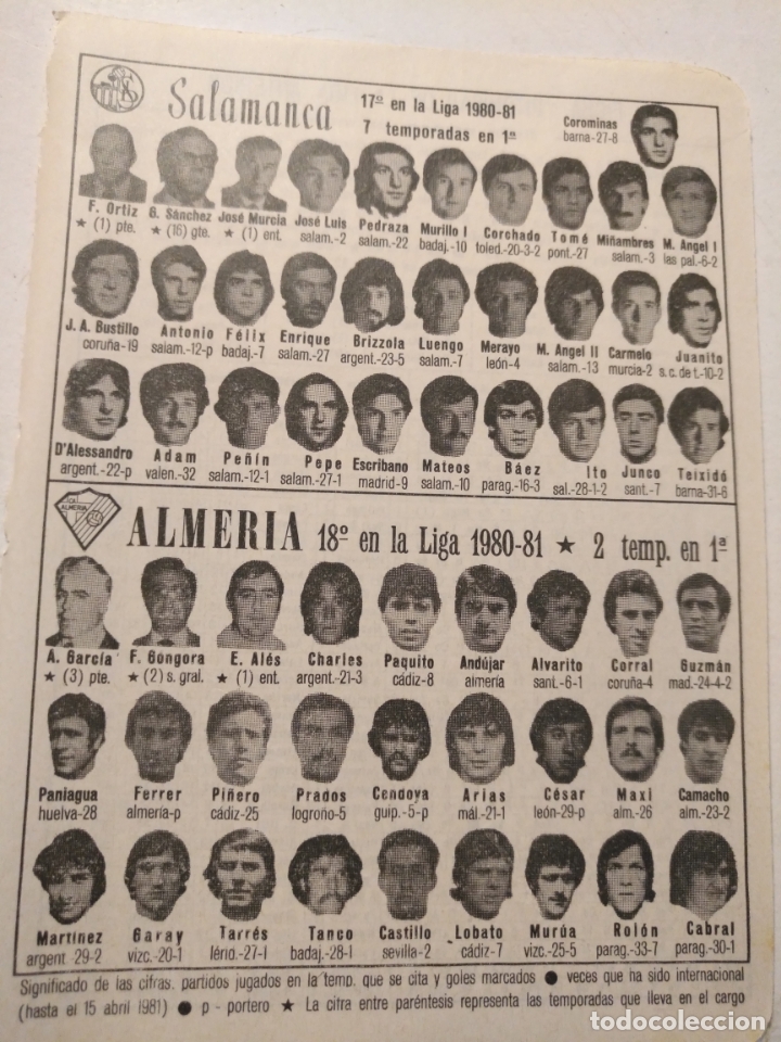 Collectionnisme sportif: antigua peque&ntilde;a hoja deportiva - futbol - jugadores club equipo  Salamanca Almer&iacute;a