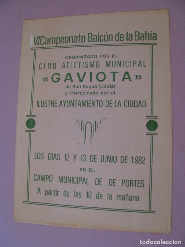 Collectionnisme sportif: PROGRAMA DEL VI CAMPEONATO BALC&Oacute;N DE LA BAH&Iacute;A. CLUB ATLETISMO GAVIOTA, SAN ROQUE. 1982.