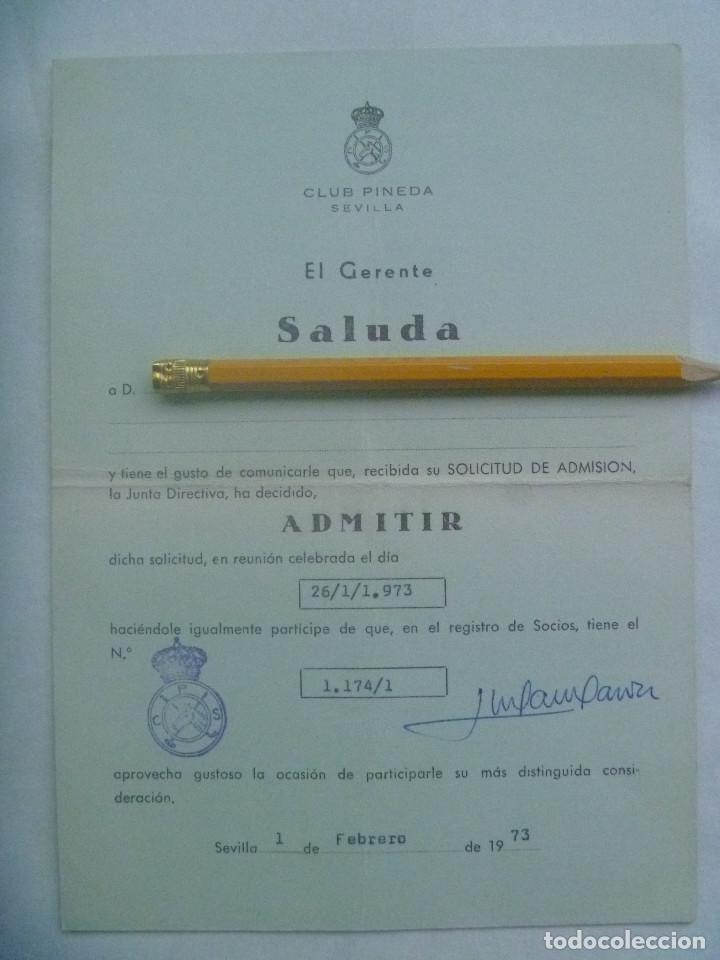 Sammelleidenschaft Sport: CLUB HIPICO PINEDA: NOTA ADMISION A ESPOSA DE SOCIO MILITAR. SEVILLA, 1973