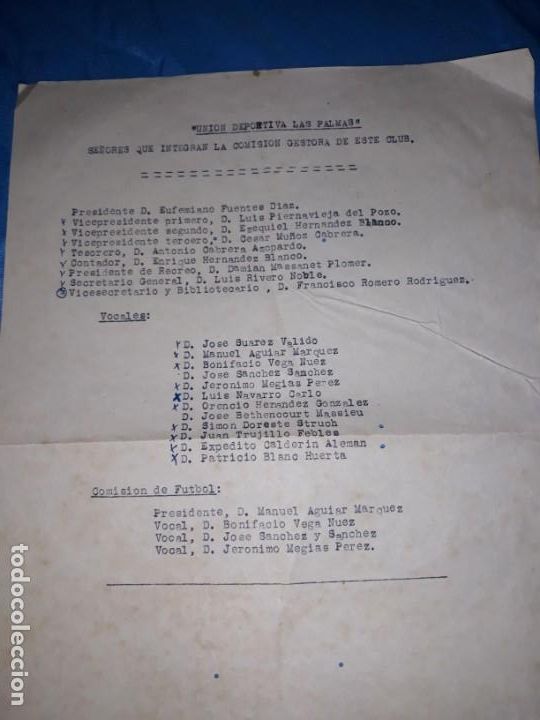 Sammelleidenschaft Sport: Antiguo documento deportivo junta directiva y gestora, equipo futbol u.d.las palmas a&ntilde;o 1950,