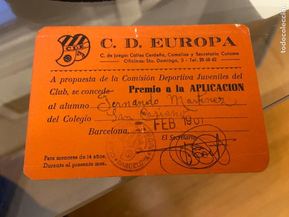 Coleccionismo deportivo: C.D. EUROPA PREMIO A LA APLICACION ALBUM 2 - Foto 1