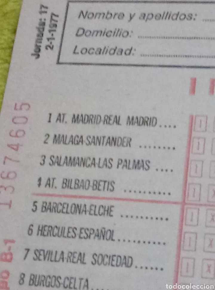 Coleccionismo deportivo: Impreso quiniela jornada 17 1977 - Foto 3