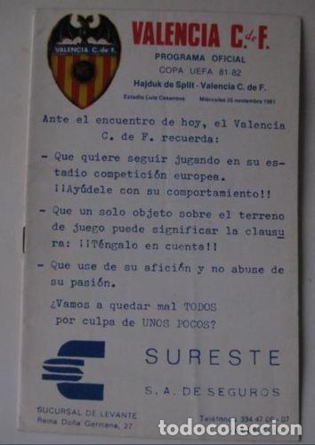 Coleccionismo deportivo: REVISTA PROGRAMA OFICIAL VALENCIA HAJDUK SPLIT COPA UEFA 1981 1982 - Foto 1