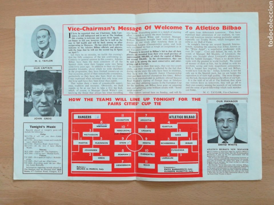 Coleccionismo deportivo: Programa del partido RANGERS & ATLETICO BILBAO. Copa de Ferias (19/3/1969) - Foto 2