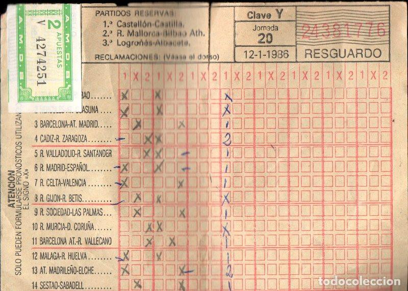 Coleccionismo deportivo: Resguardo quiniela sellado (12-1-1986) - Foto 1